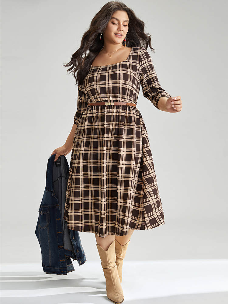 

Plus Size Plaid Pocket Elastic Waist Square Neck Lantern Sleeve Dress DarkBrown Women Casual Elastic cuffs Square Neck Elbow-length sleeve Curvy Midi Dress BloomChic