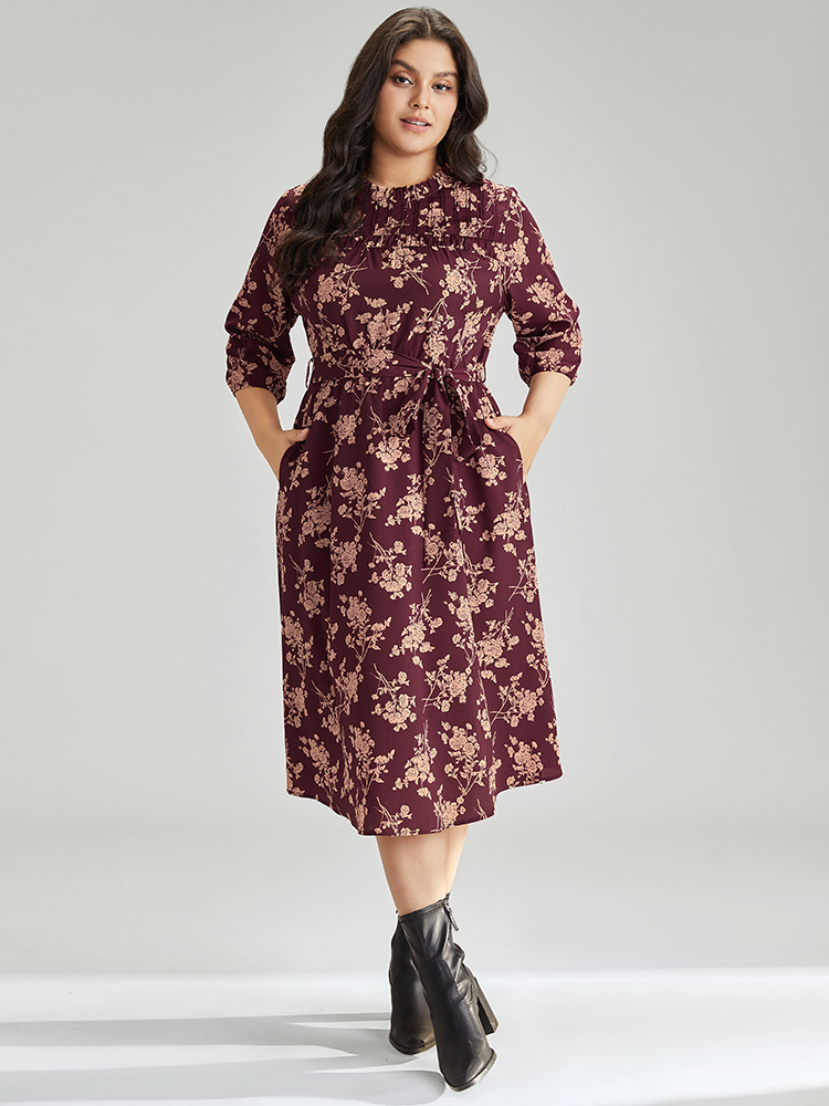 

Plus Size Silhouette Floral Print Stand Collar Belted Pleated Dress Burgundy Women Elastic cuffs Stand-up collar Elbow-length sleeve Curvy Midi Dress BloomChic