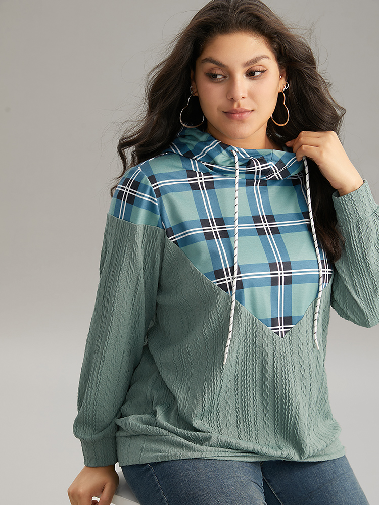 

Plus Size Plaid Patchwork Contrast Texture Hooded Sweatshirt Women Mint Casual Texture Hooded Dailywear Sweatshirts BloomChic