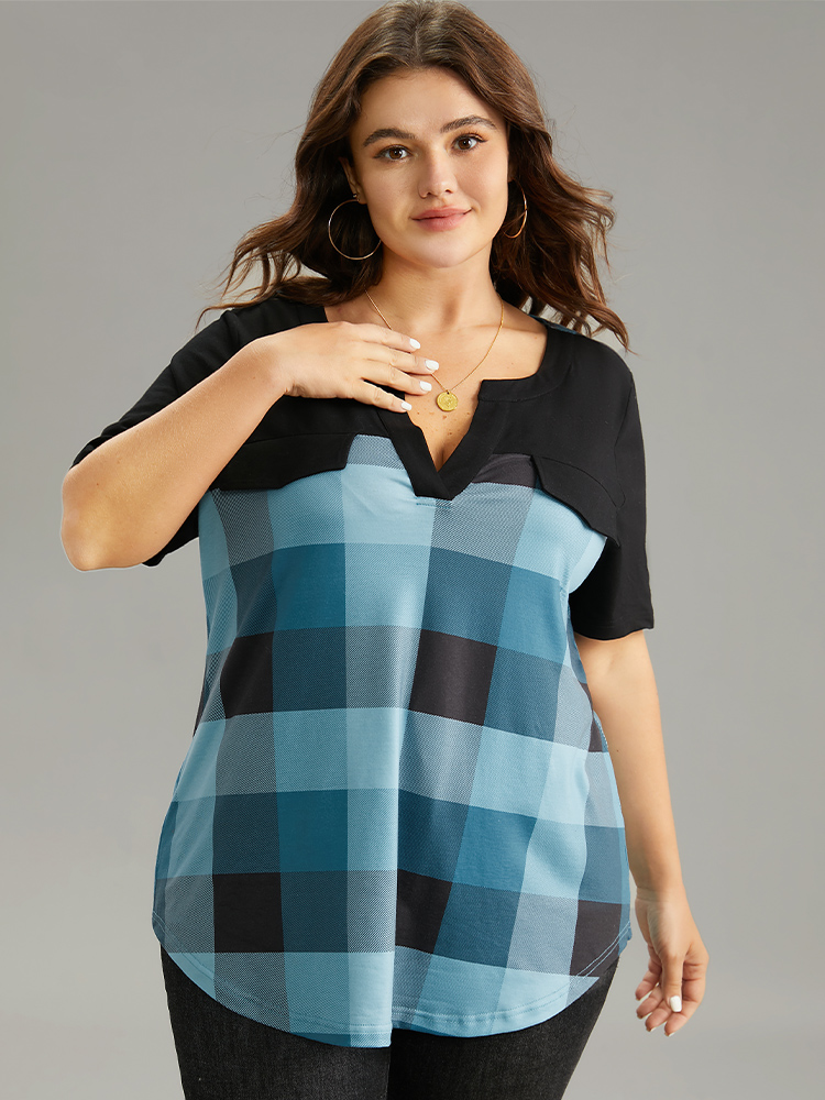 Plus Size Women Everyday Plaid Contrast Regular Sleeve Short sleeve Notched collar Casual T-shirts BloomChic 