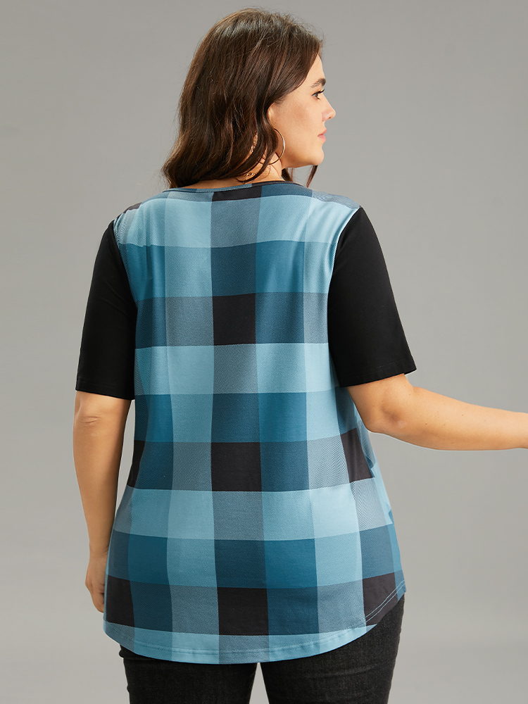 Plus Size Women Everyday Plaid Contrast Regular Sleeve Short sleeve Notched collar Casual T-shirts BloomChic 