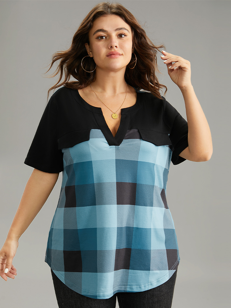 Plus Size Women Everyday Plaid Contrast Regular Sleeve Short sleeve Notched collar Casual T-shirts BloomChic 
