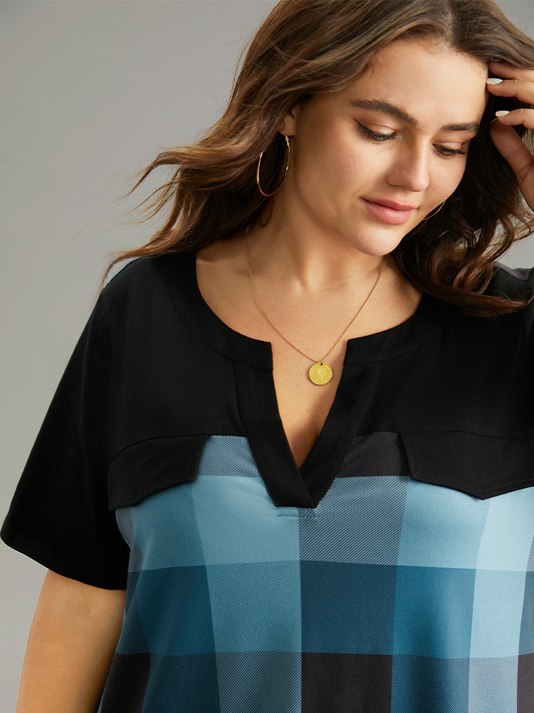 Plus Size Women Everyday Plaid Contrast Regular Sleeve Short sleeve Notched collar Casual T-shirts BloomChic 