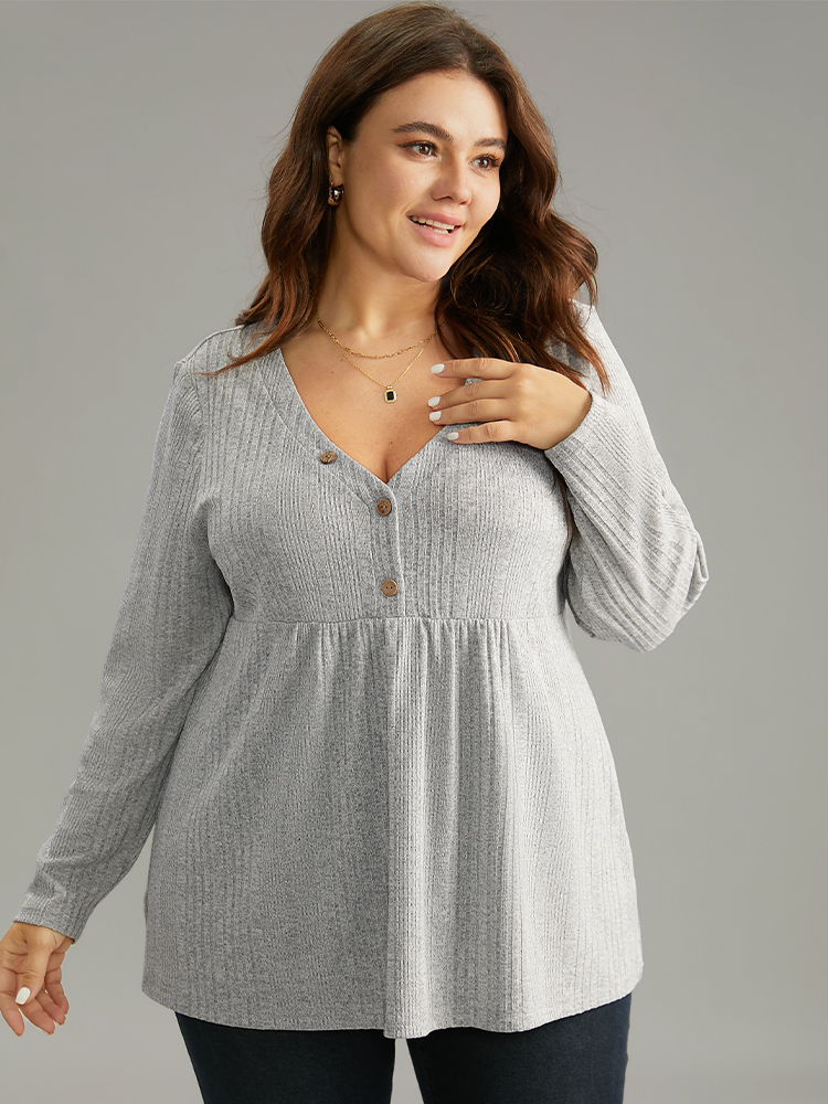 

Plus Size V Neck Texture Button Up Rib Knit T-shirt Gray V-neck Long Sleeve Elegant Jersey Tops