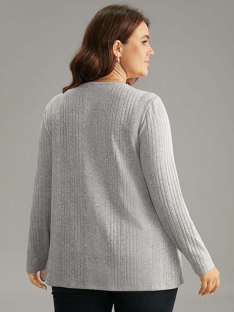 

Plus Size V Neck Texture Button Up Rib Knit T-shirt Gray Women Elegant Texture Plain V-neck Dailywear T-shirts BloomChic
