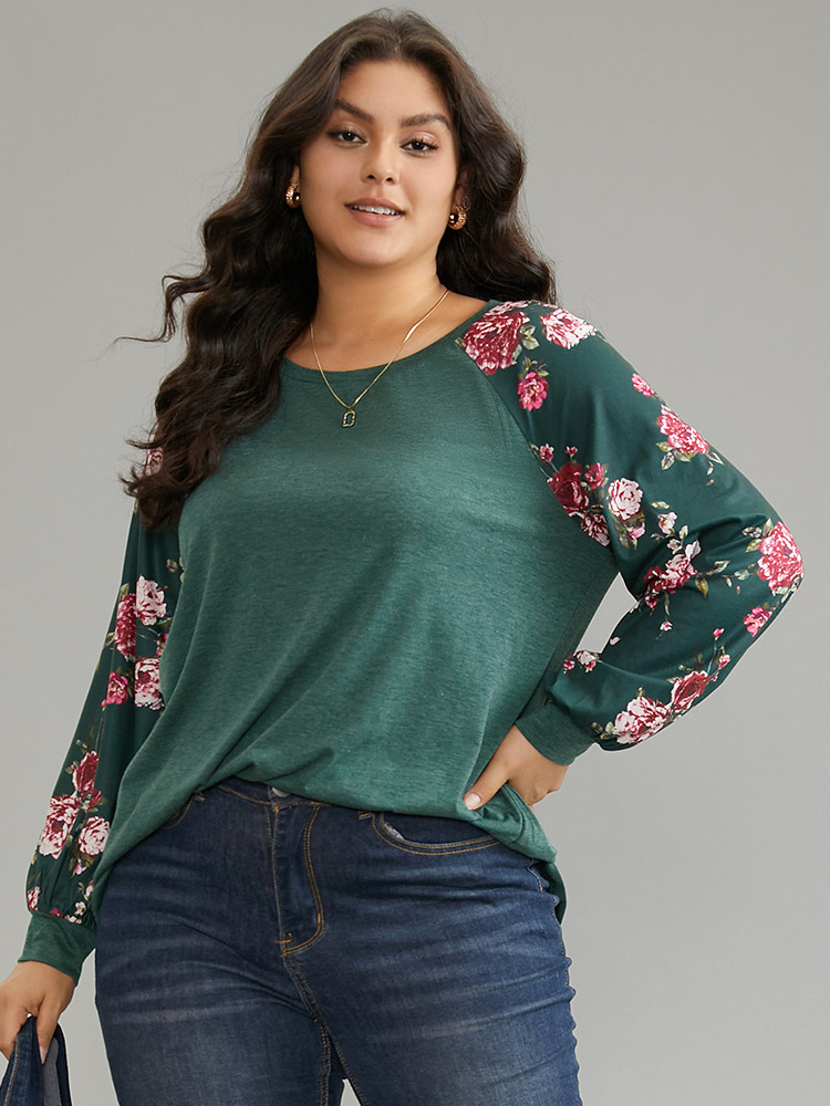 

Plus Size Floral Patchwork Crew Neck Raglan Sleeve T-shirt DarkGreen Women Elegant Printed Floral Round Neck Dailywear T-shirts BloomChic