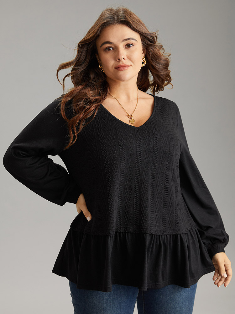 

Plain Texture Ruffle Hem Lantern Sleeve T-shirt, Black