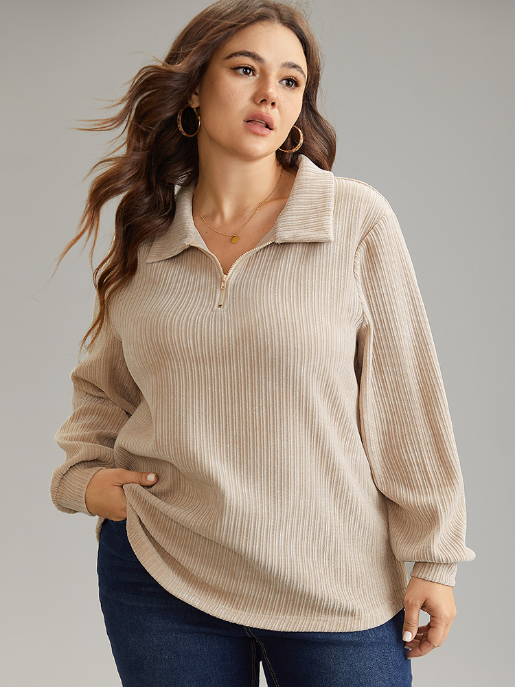 

Plus Size Plain Heather Zipper Texture Polo Sweatshirt Women LightBrown Casual Texture Polo Dailywear Sweatshirts BloomChic