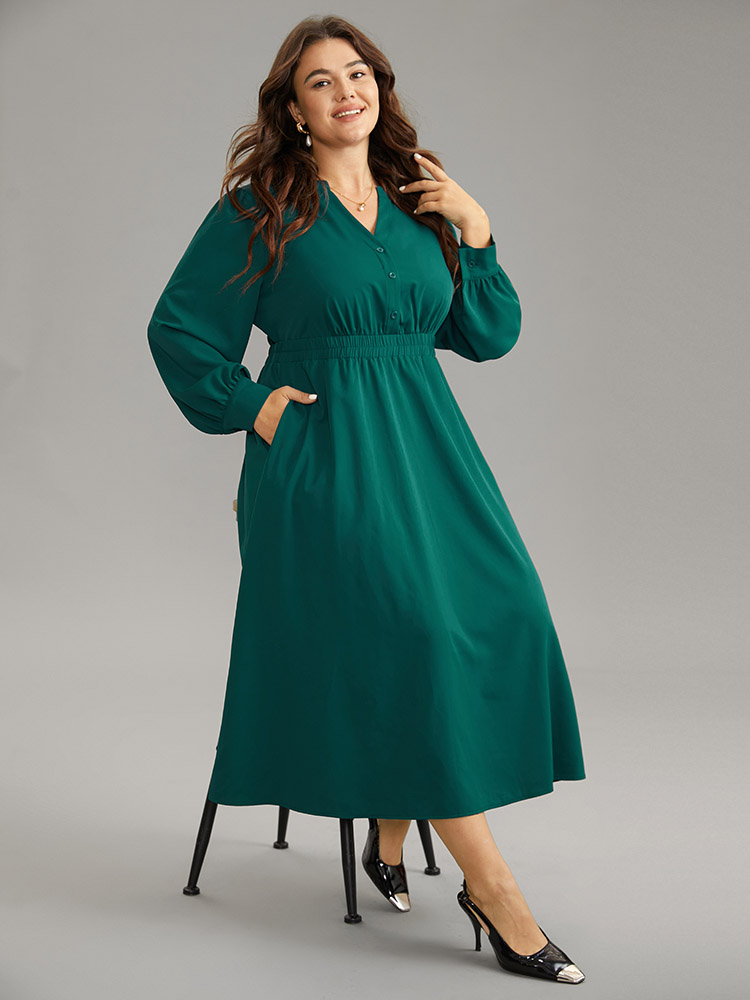 

Plus Size Anti-Wrinkle Shirred Gathered Notched Dress Teal Women Office Plain Notched collar Long Sleeve Curvy Midi Dress BloomChic