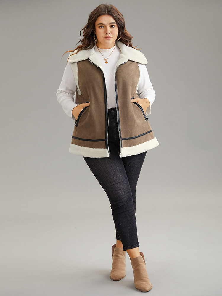 

Plus Size Patchwork Fuzzy Zipper Pocket Contrast Vest LightBrown Casual Lined Dailywear Vests  Bloomchic