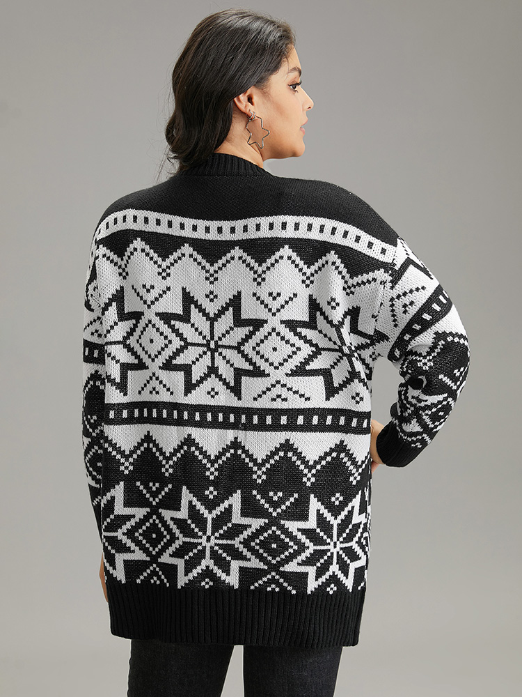 Plus Size Boho Print Open Front Jacquard Cardigan Black Women Casual Loose Long Sleeve Everyday Cardigans BloomChic 28/5X 