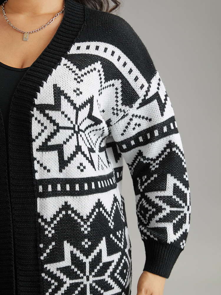 Plus Size Boho Print Open Front Jacquard Cardigan Black Women Casual Loose Long Sleeve Everyday Cardigans BloomChic 28/5X 