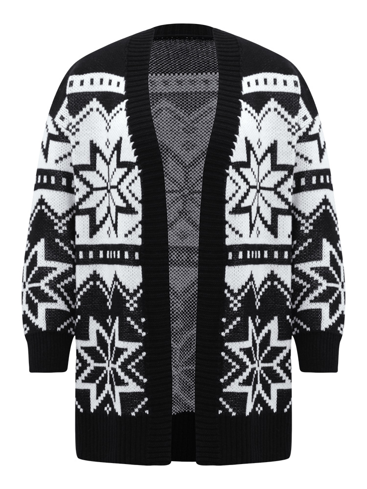 Plus Size Boho Print Open Front Jacquard Cardigan Black Women Casual Loose Long Sleeve Everyday Cardigans BloomChic 28/5X 