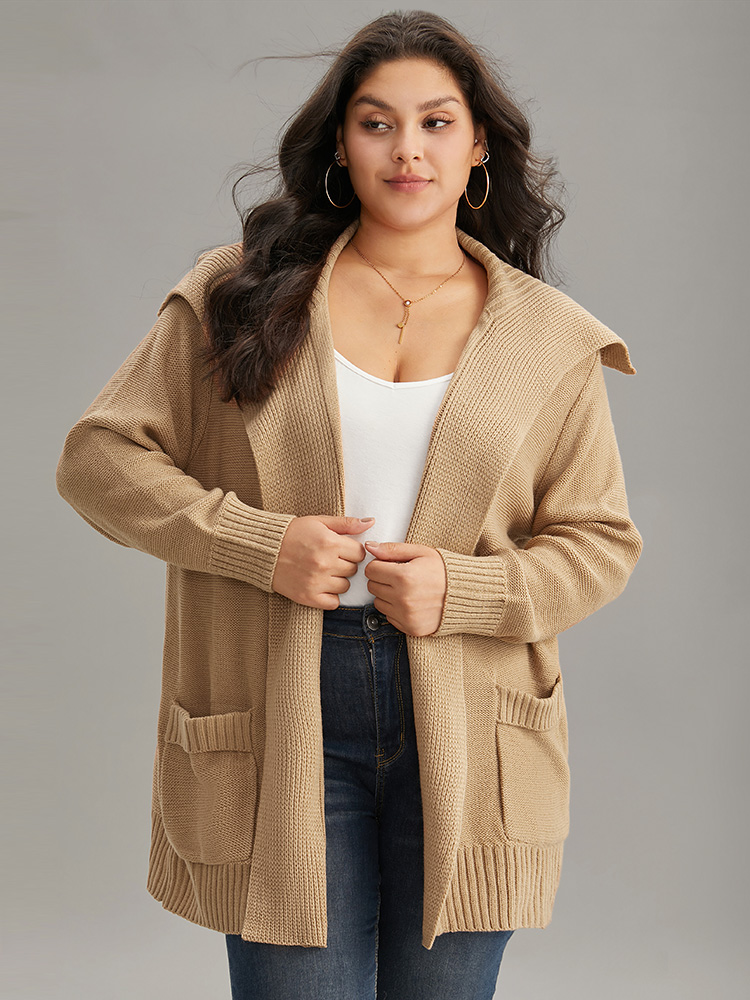 

Plus Size Solid Lapel Collar Pocket Open Front Cardigan Tan Women Casual Loose Long Sleeve Everyday Cardigans BloomChic