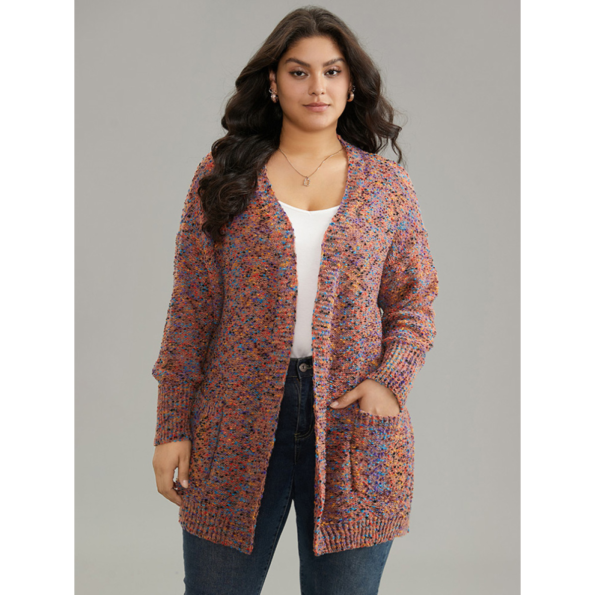 

Plus Size Colour Heather Pocket Open Front Cardigan Multicolor Women Casual Loose Long Sleeve Dailywear Cardigans BloomChic