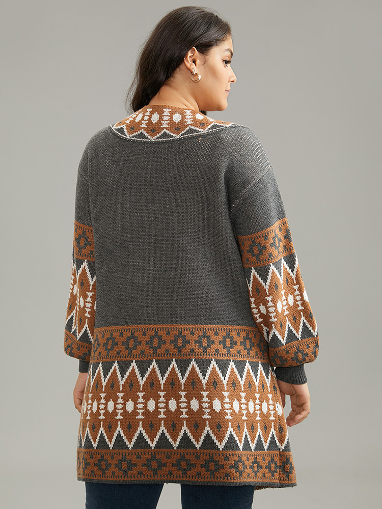 Plus Size Contrast Geometric Pocket Open Front Cardigan DimGray Women Casual Loose Long Sleeve Dailywear Cardigans BloomChic 22-24/3X 