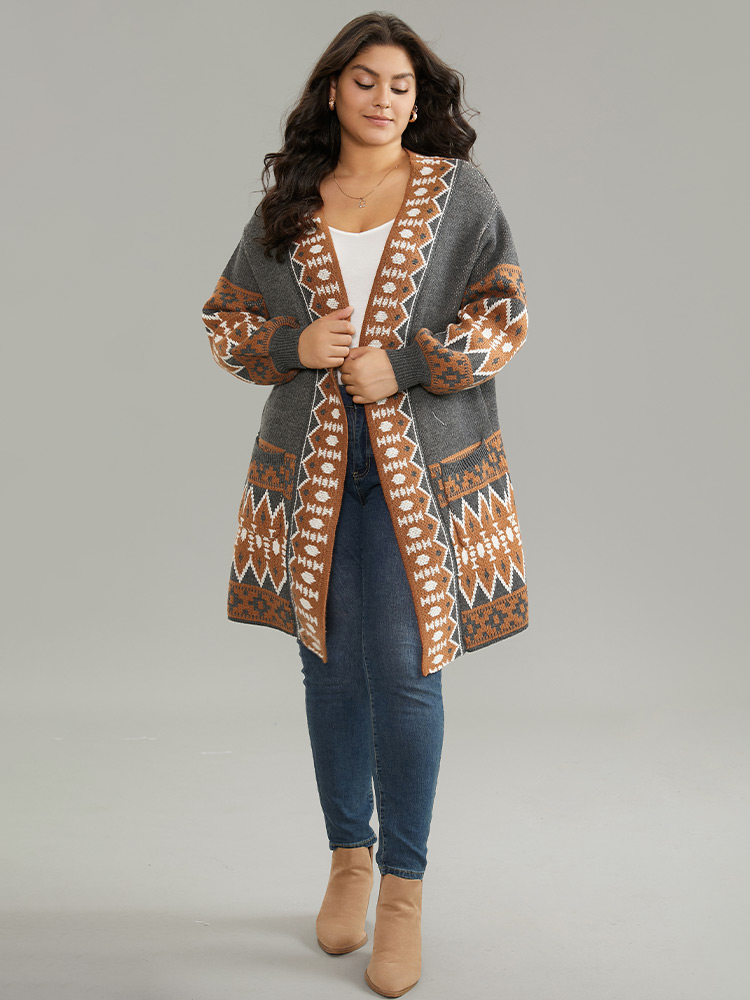 Plus Size Contrast Geometric Pocket Open Front Cardigan DimGray Women Casual Loose Long Sleeve Dailywear Cardigans BloomChic 22-24/3X 
