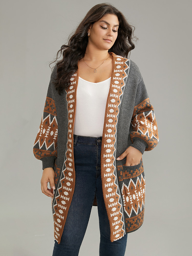 Plus Size Contrast Geometric Pocket Open Front Cardigan DimGray Women Casual Loose Long Sleeve Dailywear Cardigans BloomChic 22-24/3X 