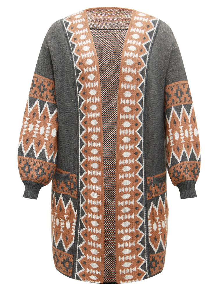Plus Size Contrast Geometric Pocket Open Front Cardigan DimGray Women Casual Loose Long Sleeve Dailywear Cardigans BloomChic 22-24/3X 