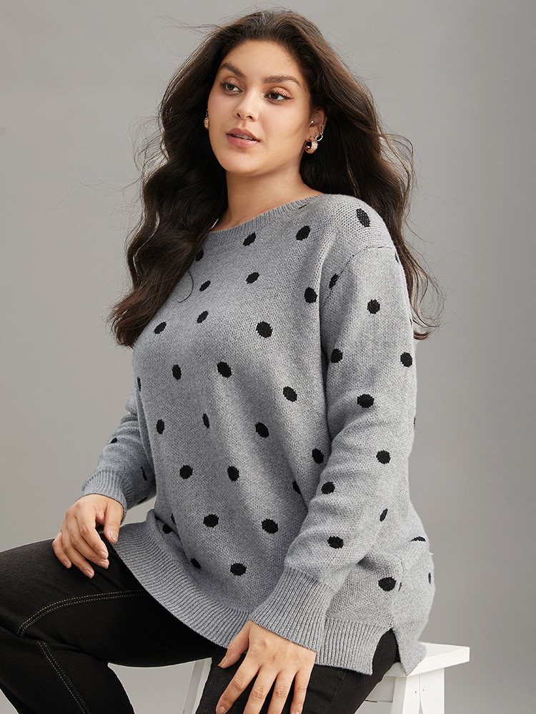 

Plus Size Supersoft Essentials Polka Dot Knit Pullover DimGray Women Casual Loose Long Sleeve Round Neck Dailywear Pullovers BloomChic