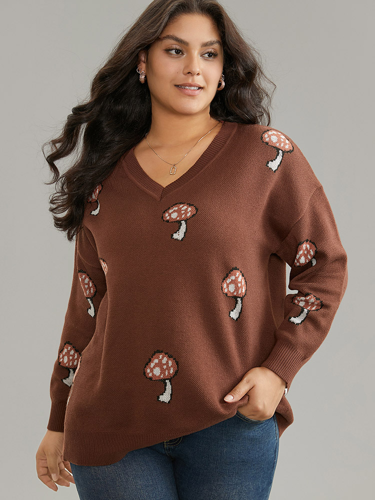 

Plus Size Mushroom Knit V Neck Jacquard Pullover Maroon Women Casual Loose Long Sleeve V-neck Dailywear Pullovers BloomChic