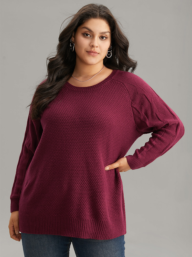 

Plus Size Plain Texture Knit Raglan Sleeve Pullover Burgundy Women Casual Loose Long Sleeve Round Neck Dailywear Pullovers BloomChic