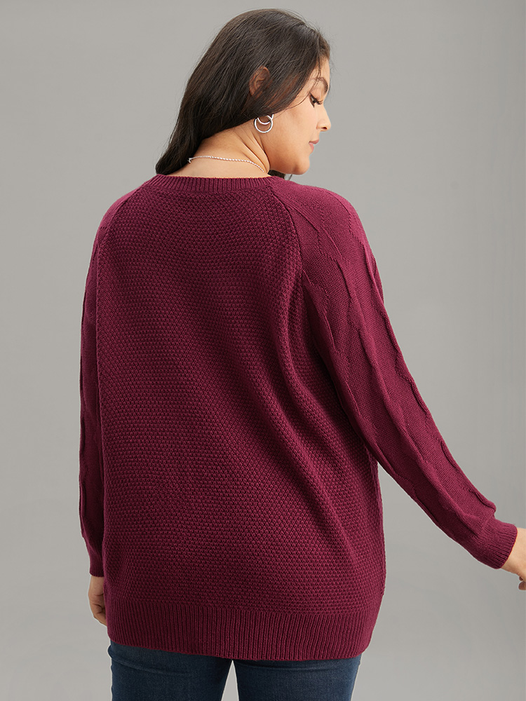 

Plus Size Plain Texture Knit Raglan Sleeve Pullover Burgundy Women Casual Loose Long Sleeve Round Neck Dailywear Pullovers BloomChic