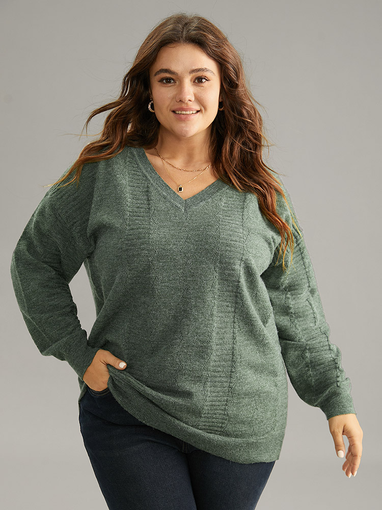 

Plus Size Supersoft Essentials Plain Texture V Neck Pullover DarkGreen Women Casual Loose Long Sleeve V-neck Dailywear Pullovers BloomChic