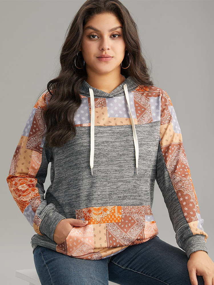 Plus Size Women Dailywear Bohemian Print Contrast Regular Regular Sleeve Long Sleeve Hooded Pocket Casual Sweatshirts BloomChic 