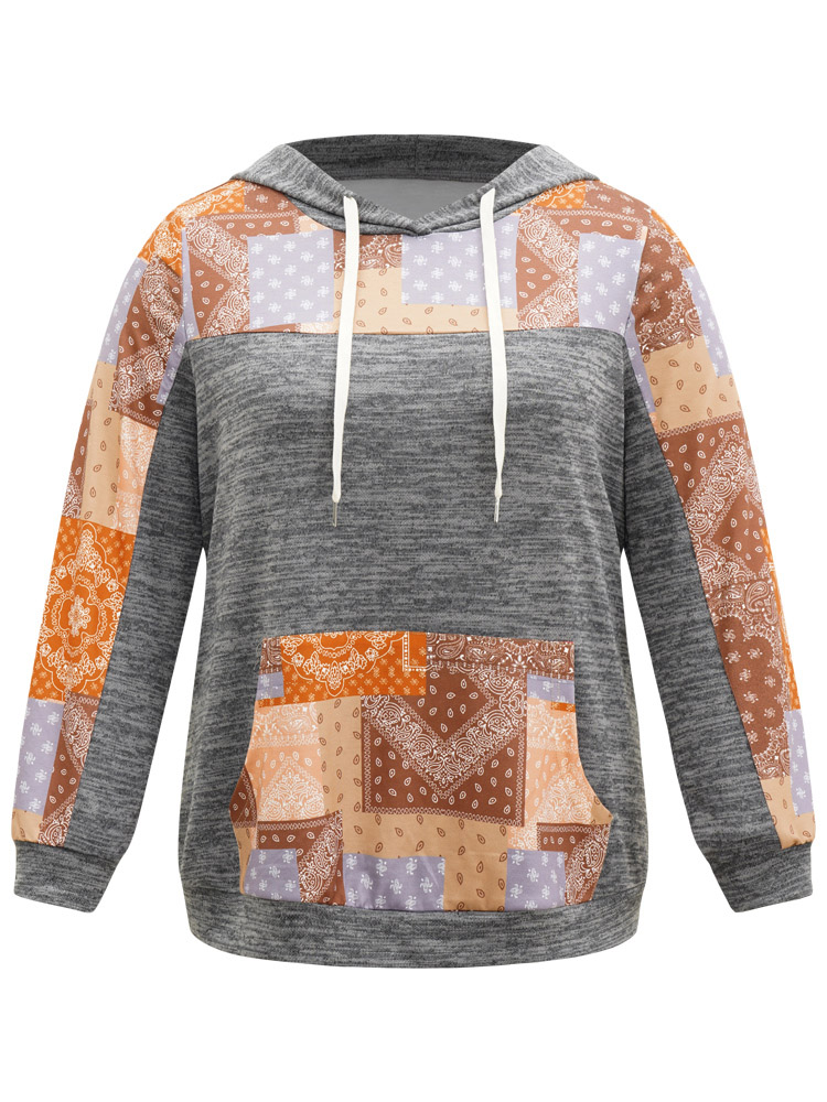 Plus Size Women Dailywear Bohemian Print Contrast Regular Regular Sleeve Long Sleeve Hooded Pocket Casual Sweatshirts BloomChic 