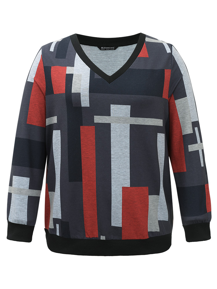 Plus Size Women Dailywear Colorblock Rib Knit Regular Regular Sleeve Long Sleeve V-neck Casual Sweatshirts BloomChic 
