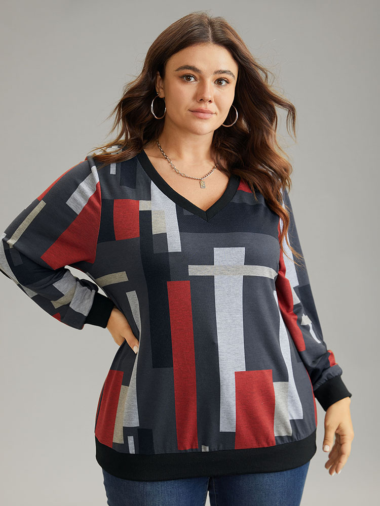 Plus Size Women Dailywear Colorblock Rib Knit Regular Regular Sleeve Long Sleeve V-neck Casual Sweatshirts BloomChic 