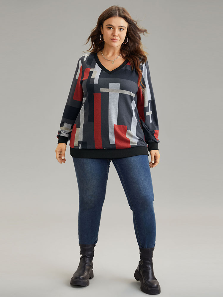 Plus Size Women Dailywear Colorblock Rib Knit Regular Regular Sleeve Long Sleeve V-neck Casual Sweatshirts BloomChic 