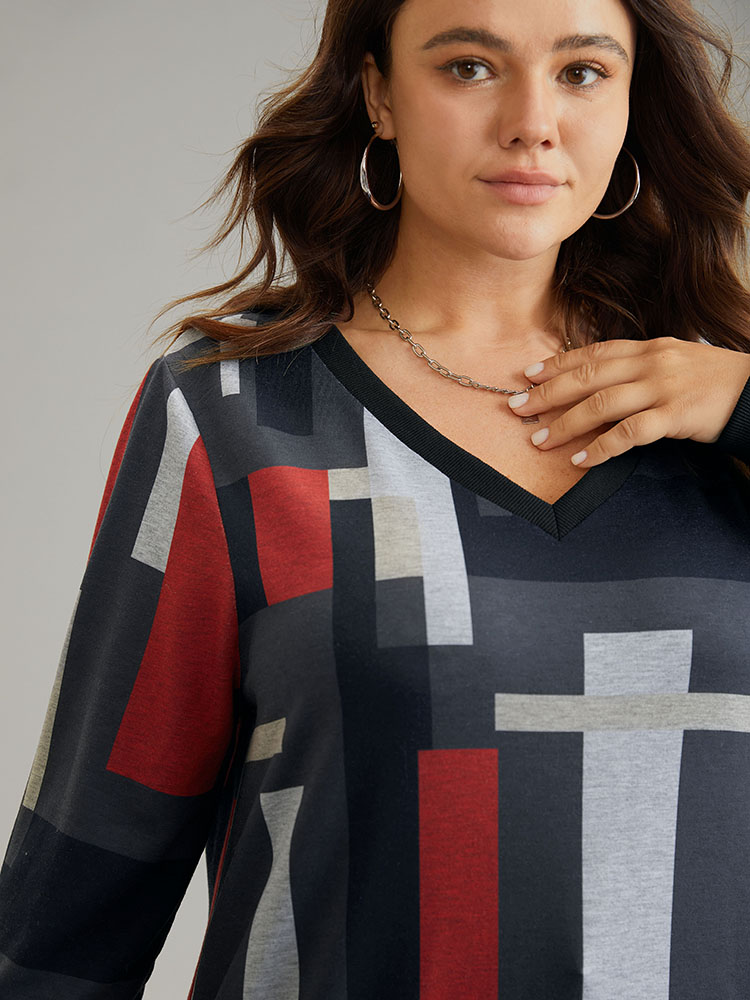 Plus Size Women Dailywear Colorblock Rib Knit Regular Regular Sleeve Long Sleeve V-neck Casual Sweatshirts BloomChic 
