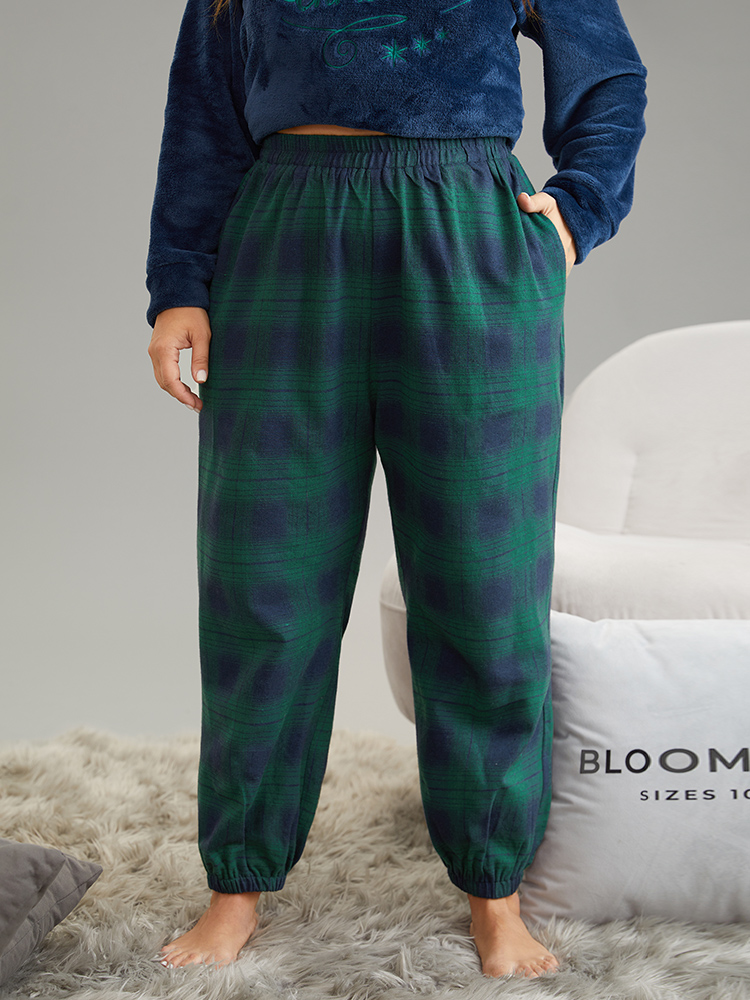 

Plus Size Plaid Elastic Waist Pocket Carrot Sleep Bottoms DarkGreen Casual Festival-Christmas Plaid Sleep Bottoms  Bloomchic