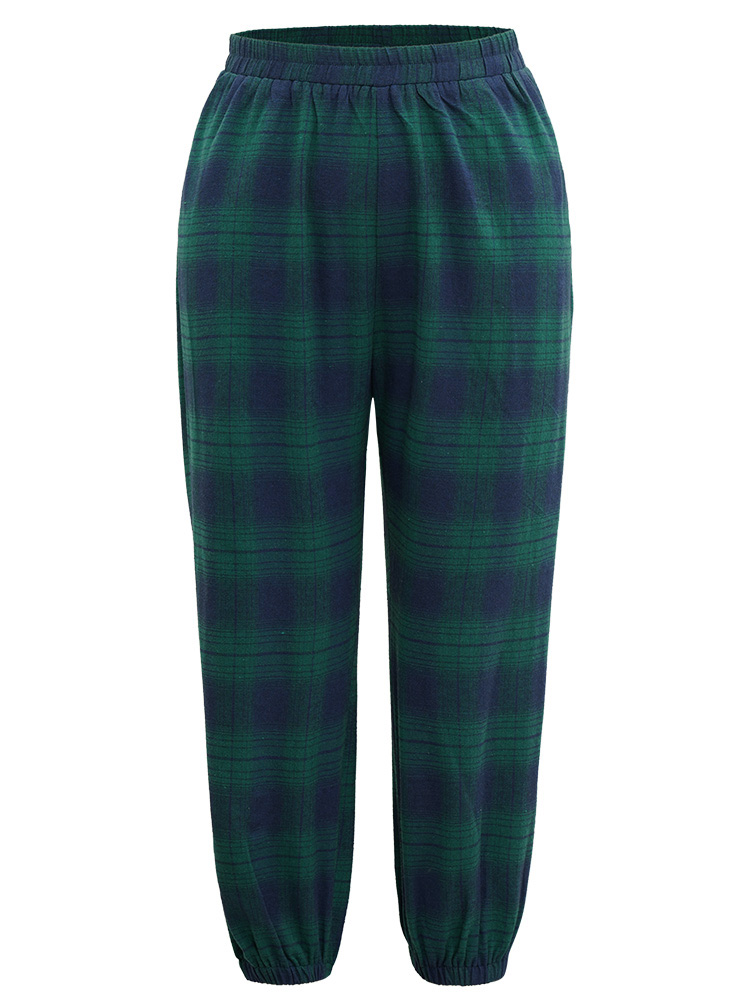 Plus Size Loungewear | Plaid Elastic Waist Pocket Carrot Sleep Bottoms | BloomChic 