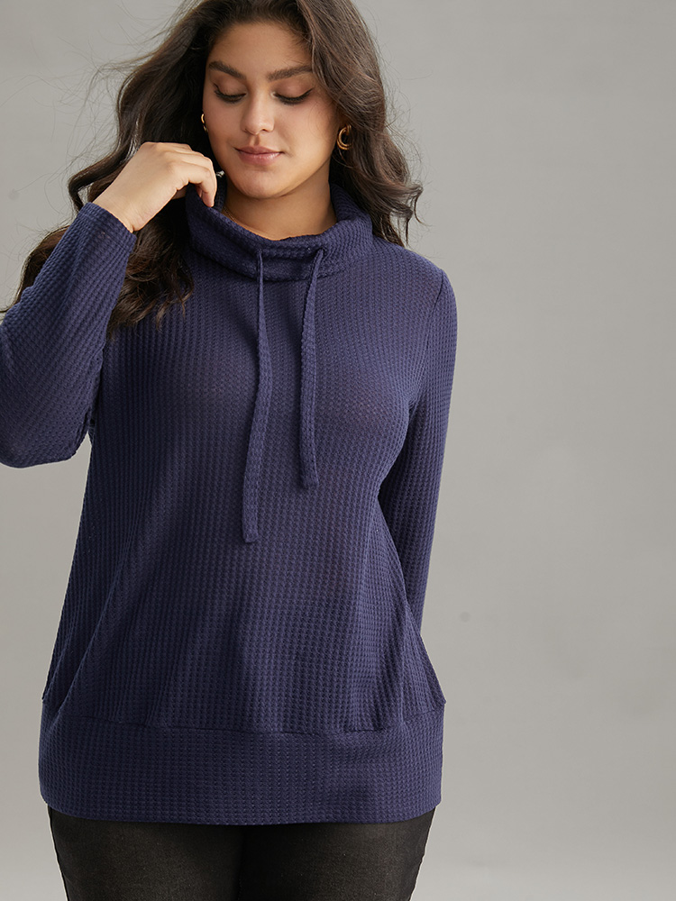 

Plus Size Solid Funnel Neck Waffle Knit Drawstring T-shirt Indigo Women Elegant Waffle Knit Plain Turtleneck Dailywear T-shirts BloomChic