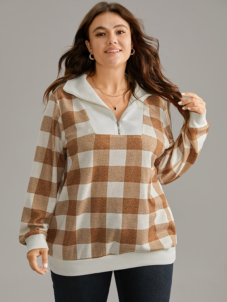 

Plus Size Plaid Patchwork Contrast Half Zip Sweatshirt Women Bronze Casual Contrast Polo Dailywear Sweatshirts BloomChic