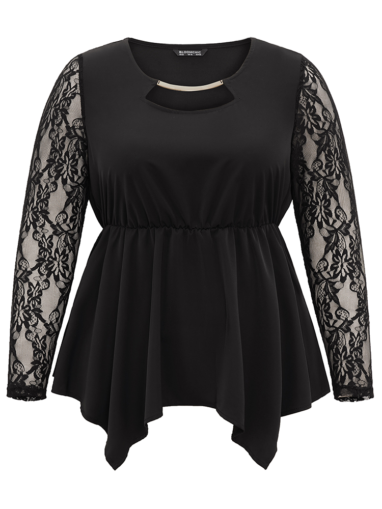 Plus Size Black Guipure Lace Metal Detail Cut Out Hanky Hem Blouse Women Glamour Long Sleeve Round Neck Party Blouses BloomChic 18-20/2X 