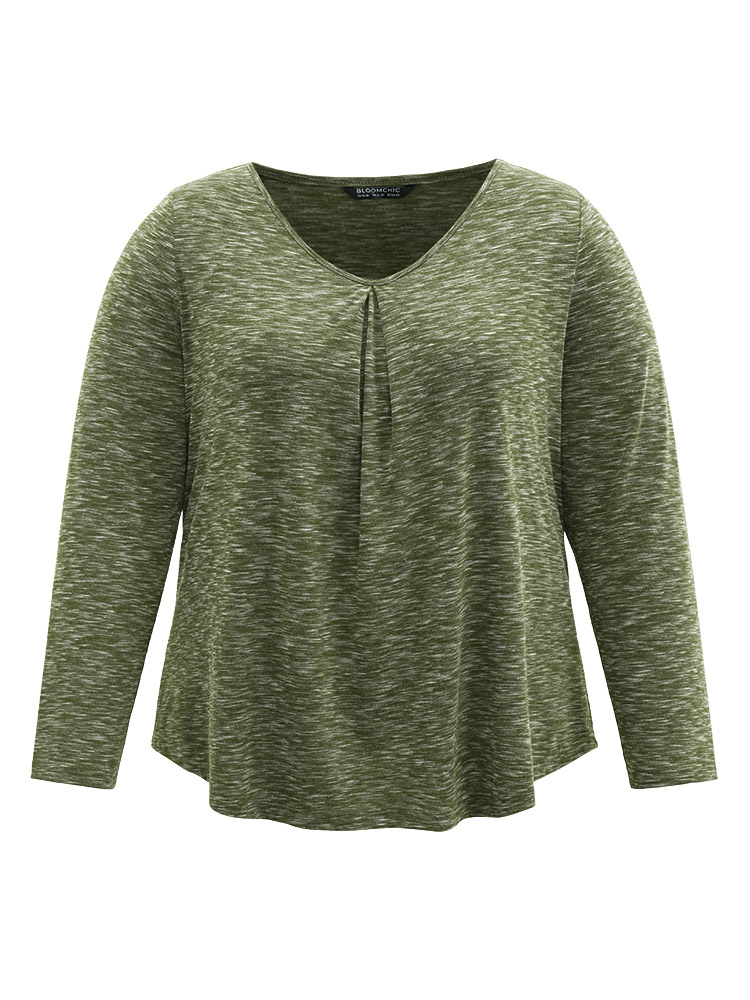 

Plus Size Heather Crew Neck Plicated Detail T-shirt Green V-neck Long Sleeve Casual Jersey Tops