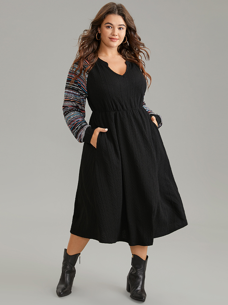 

Plus Size Bandana Patchwork Elastic Waist Notched Dress DarkBlue Women Casual Printed Notched collar Long Sleeve Curvy Midi Dress BloomChic