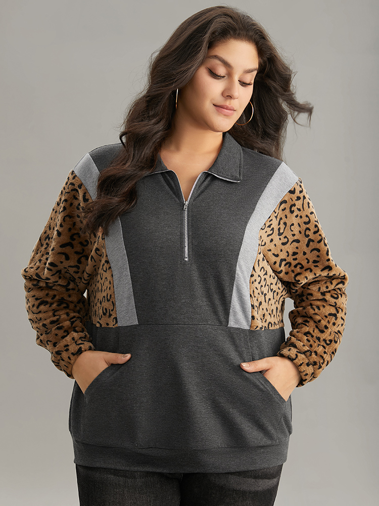 

Plus Size Leopard Patchwork Contrast Half Zip Dolman Sleeve Sweatshirt Women Gray Casual Contrast Polo Dailywear Sweatshirts BloomChic