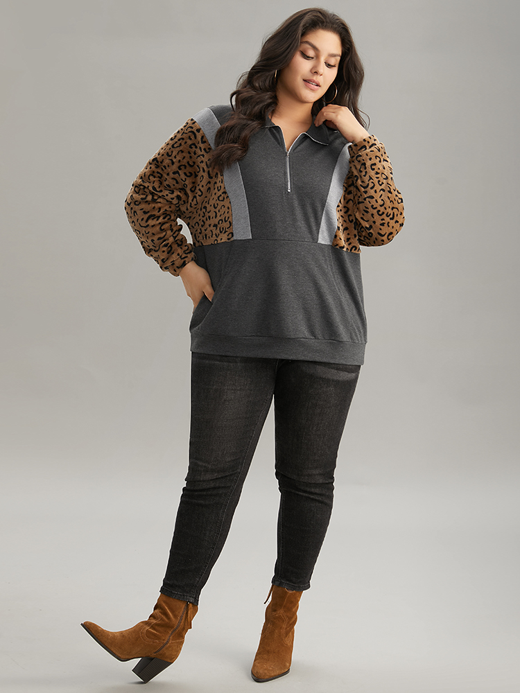 

Plus Size Leopard Patchwork Contrast Half Zip Dolman Sleeve Sweatshirt Women Gray Casual Contrast Polo Dailywear Sweatshirts BloomChic