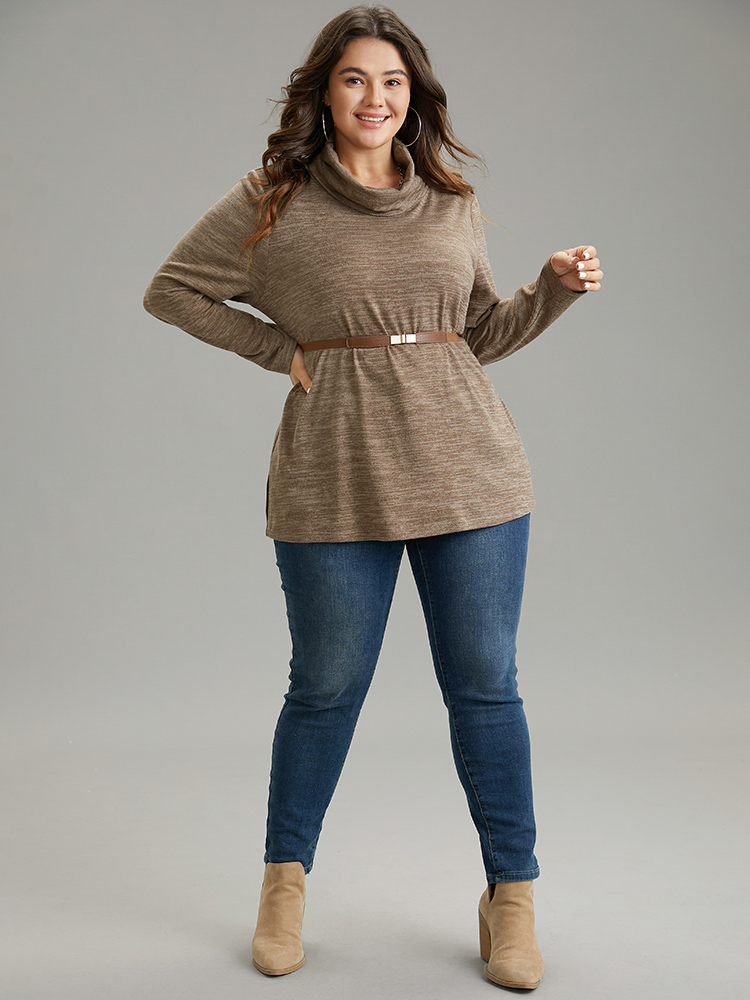 

Plus Size Solid Heather Turtleneck Knit T-shirt LightBrown Turtleneck Long Sleeve Casual Jersey Tops