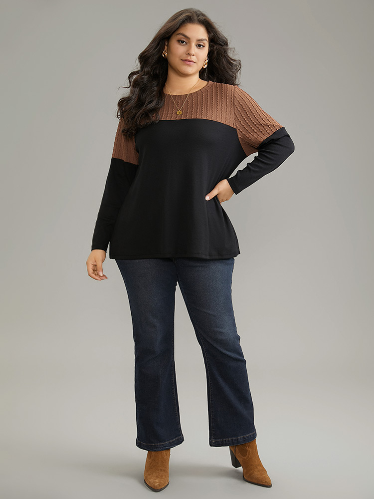 Plus Size Textured Patchwork Contrast Crew Neck Knit T-shirt Black Women Casual Texture Plain Round Neck Dailywear T-shirts BloomChic 30/6X 