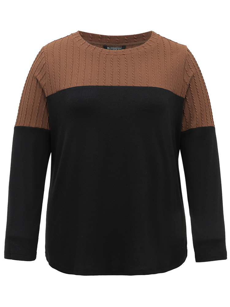 Plus Size Textured Patchwork Contrast Crew Neck Knit T-shirt Black Women Casual Texture Plain Round Neck Dailywear T-shirts BloomChic 30/6X 