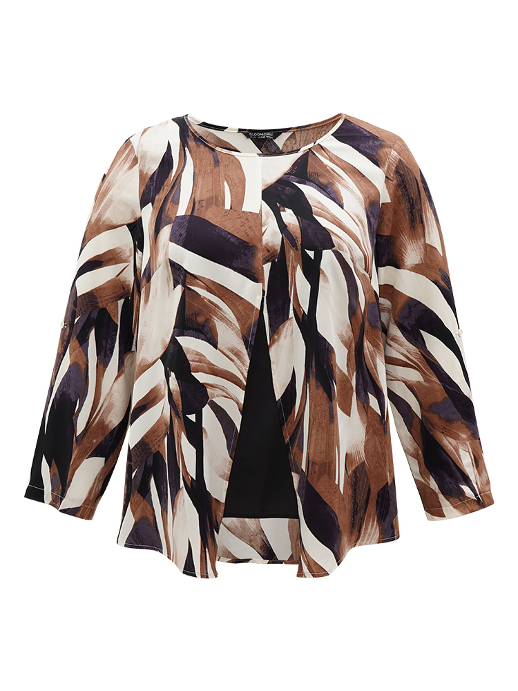 Plus Size DarkBrown Geometric Print 2-In-1 Split Round Neck Blouse Women Vacation Long Sleeve Round Neck Vacation Blouses BloomChic 18-20/2X 