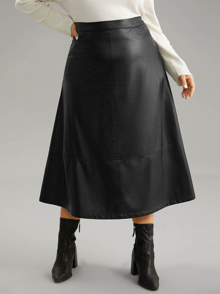 

Plus Size PU Leather Pocket Elastic Waist Cropped Skirt Women Black Office Plain No stretch Pocket Work Skirts BloomChic