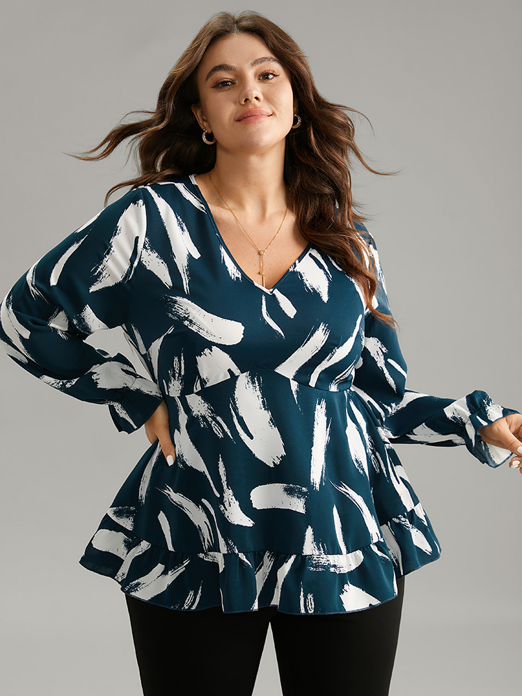 Plus Size Women Work Graffiti Elastic cuffs Lantern Sleeve Long Sleeve V-neck Office Blouses BloomChic 