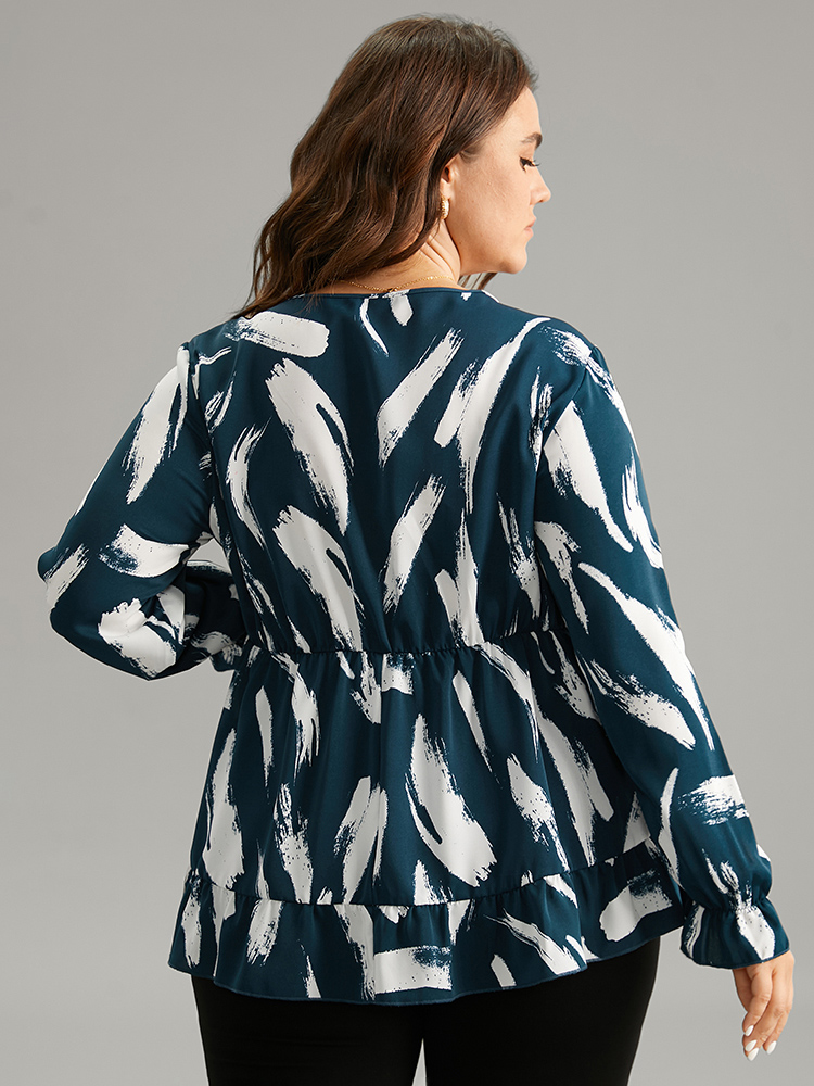 Plus Size Women Work Graffiti Elastic cuffs Lantern Sleeve Long Sleeve V-neck Office Blouses BloomChic 